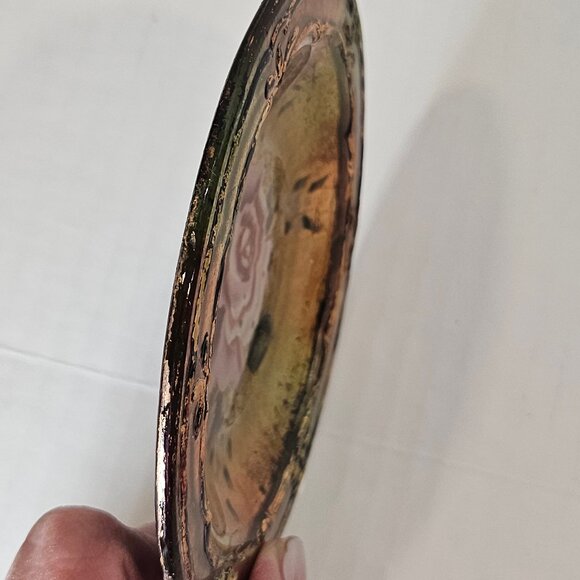 Antique Goofus Glass Dish With Rose Hand Painted Motif Reverse Painted Gold - Picture 8 of 8